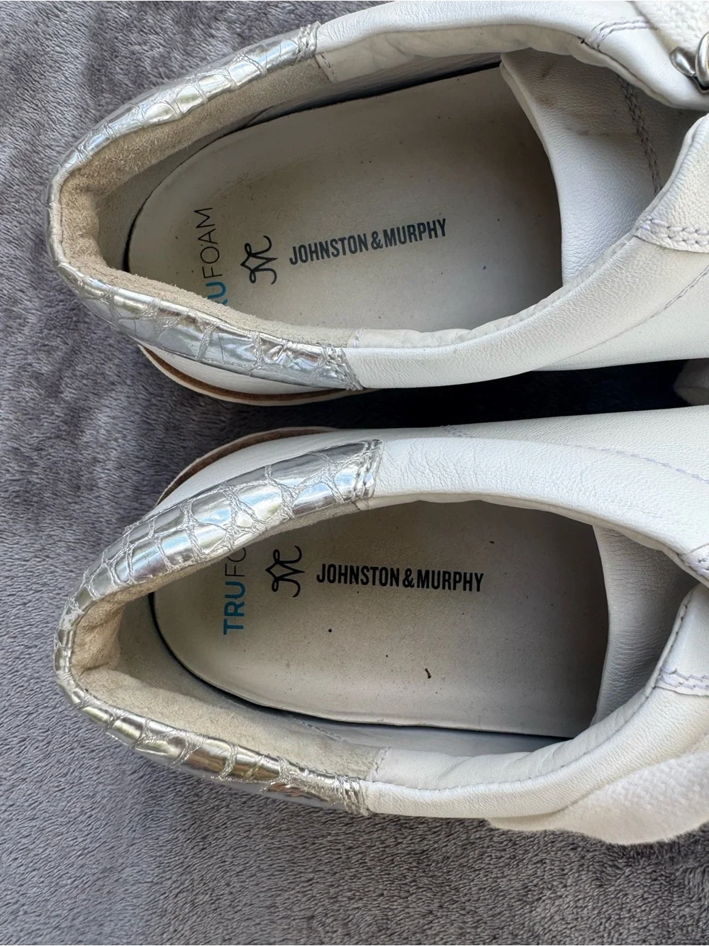 Johnston & Murphy White Leather Sneakers with Silver Heel Accent